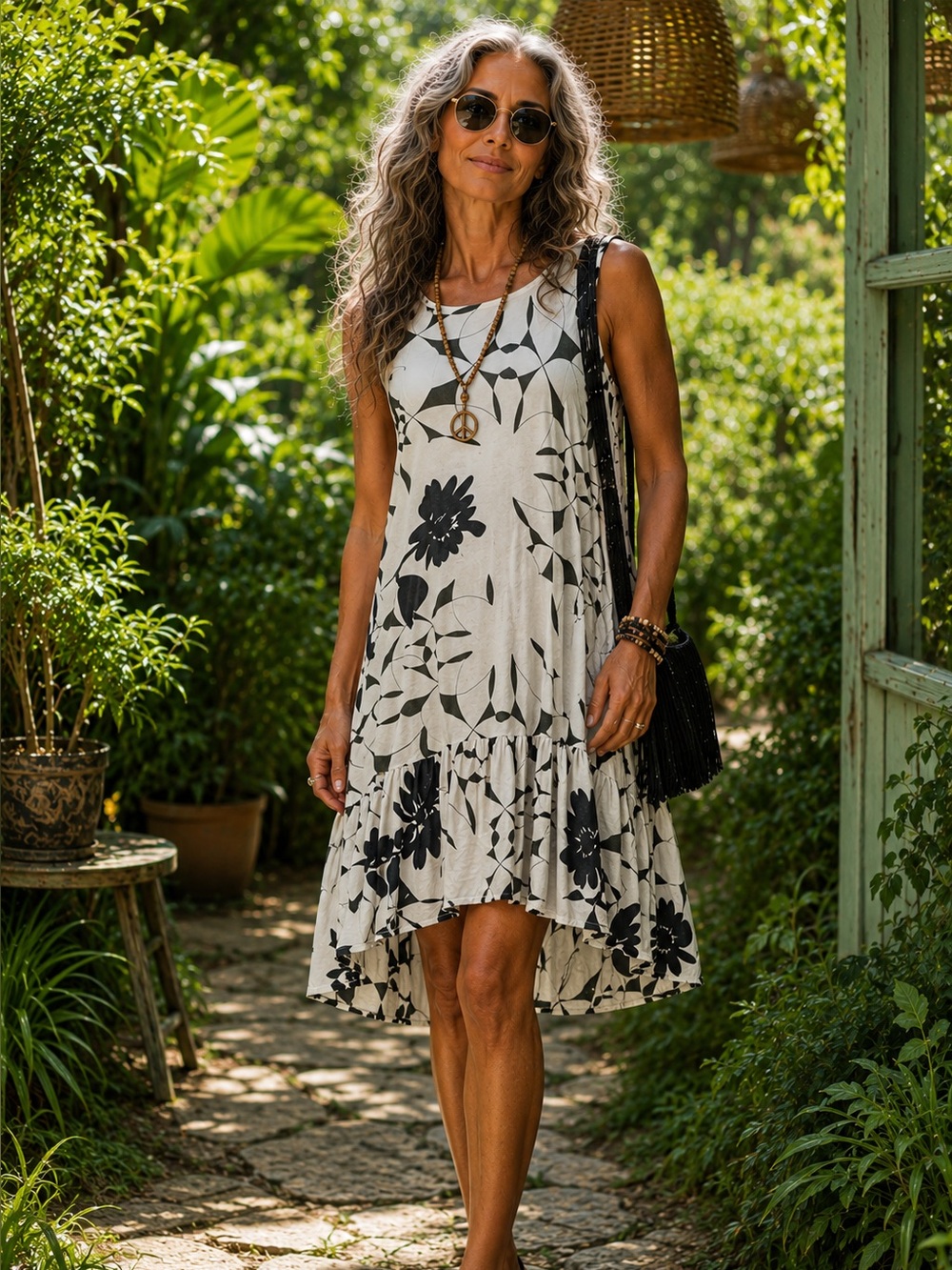 BRYN WALKER White, Green & Black Floral High Low Angelita Midi Dress Size XXS